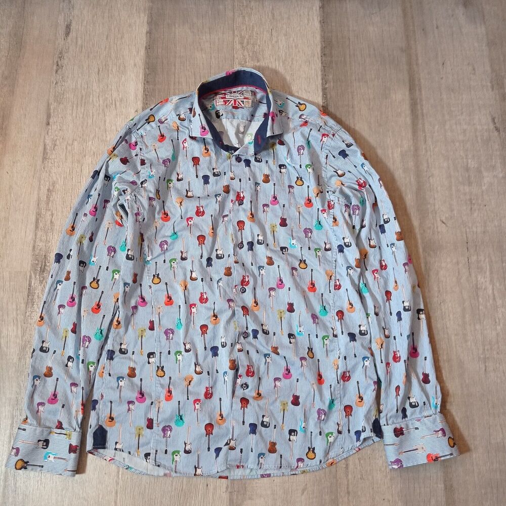 7 Downie St London Couture Surf Shirt Men's 5 (M) Guitar All Over Button Up Blue